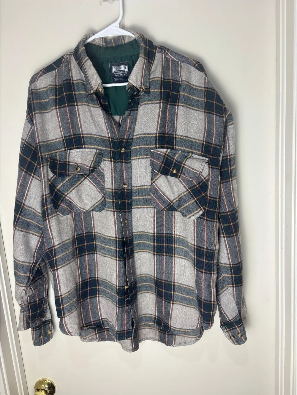 Premier International Men’s XL Plaid Flannel Shirt Gray Green Lined Cuffs
